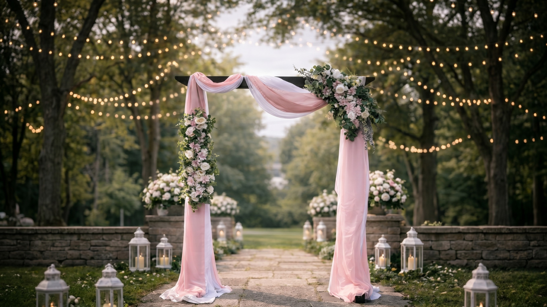 Pink Romance — vigselbåge med rosa och blommiga blomsterarrangemang av återbrukat material