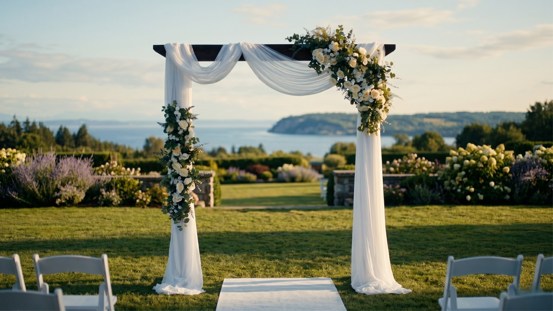 White Elegance — vit vigselbåge med vita blomsterarrangemang av återbrukat material